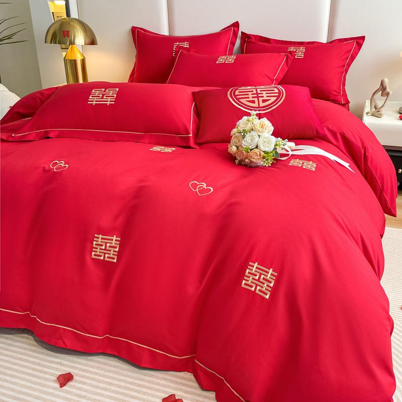 Clever Plan for Washing Cotton Wedding Four Piece Set, Red Embroidery Wedding Four Piece Set, Festive Wedding Four Piece Set