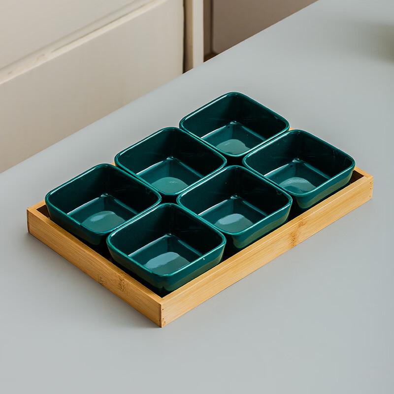 Ceramic Divided Snack Platter with Bamboo Tray