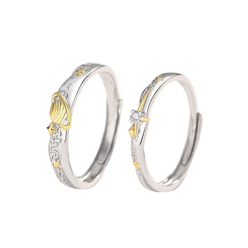 Tichya Star Trail Couple Rings: Pure Silver 999, Open Design for Men and Women, Light Luxury Fashion Planet Pair.