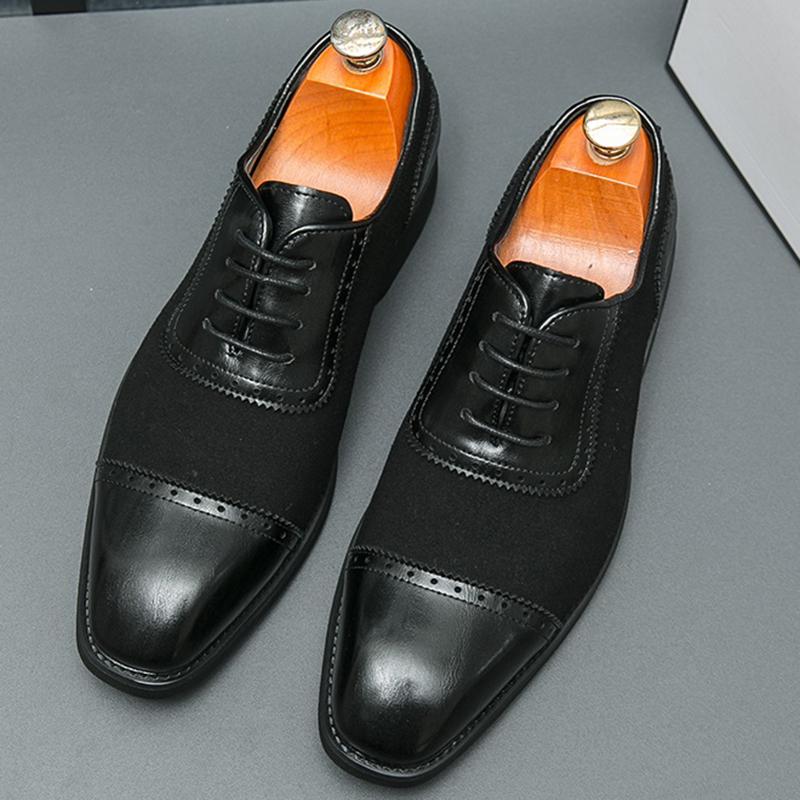 Fashion New Men's Pointed Lace Up Casual Dress Shoes Male Suede Mixed Patchwork Formal Wedding Prom Evening Homecoming Footwear