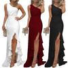 Women Sexy One Shoulder Ruffle Large Swing Slit Evening Party Slim Maxi Dress