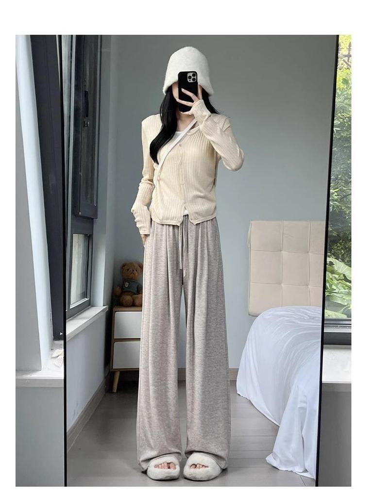 Petite Women's High Waist Oatmeal Wide Leg Pants XS - Spring/Autumn Casual Straight Leg