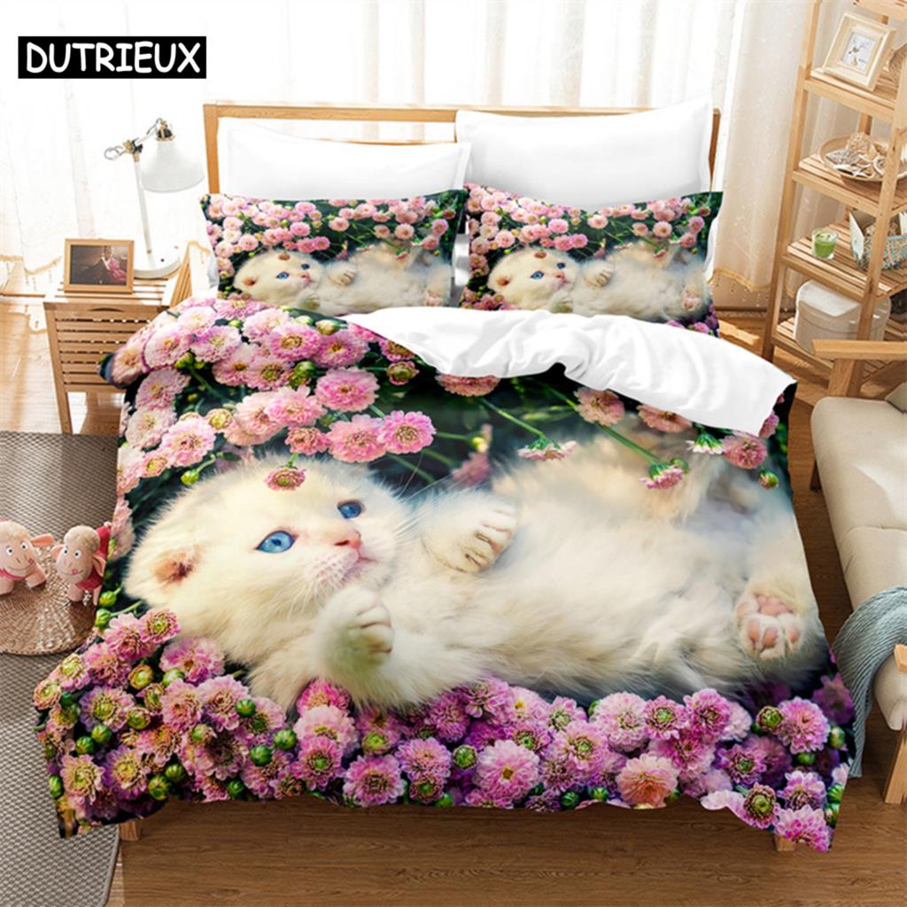 Comforter Cat Flowers Queen Bedding Set Pink Bedding Digital Printing King Size Bedding Sets