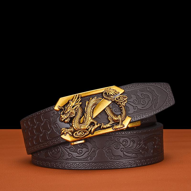 Men's Business Casual Cowhide Leather Belt with Vintage Copper Dragon Automatic Buckle