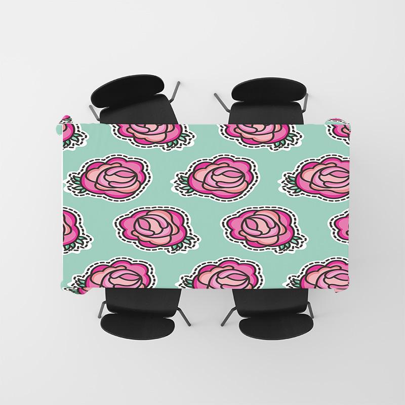 Vibrant Floral Print Tablecloth Rectangular Placemats for Home Decoration Green Pink Roses Design Waterproof Fabric Material Eas