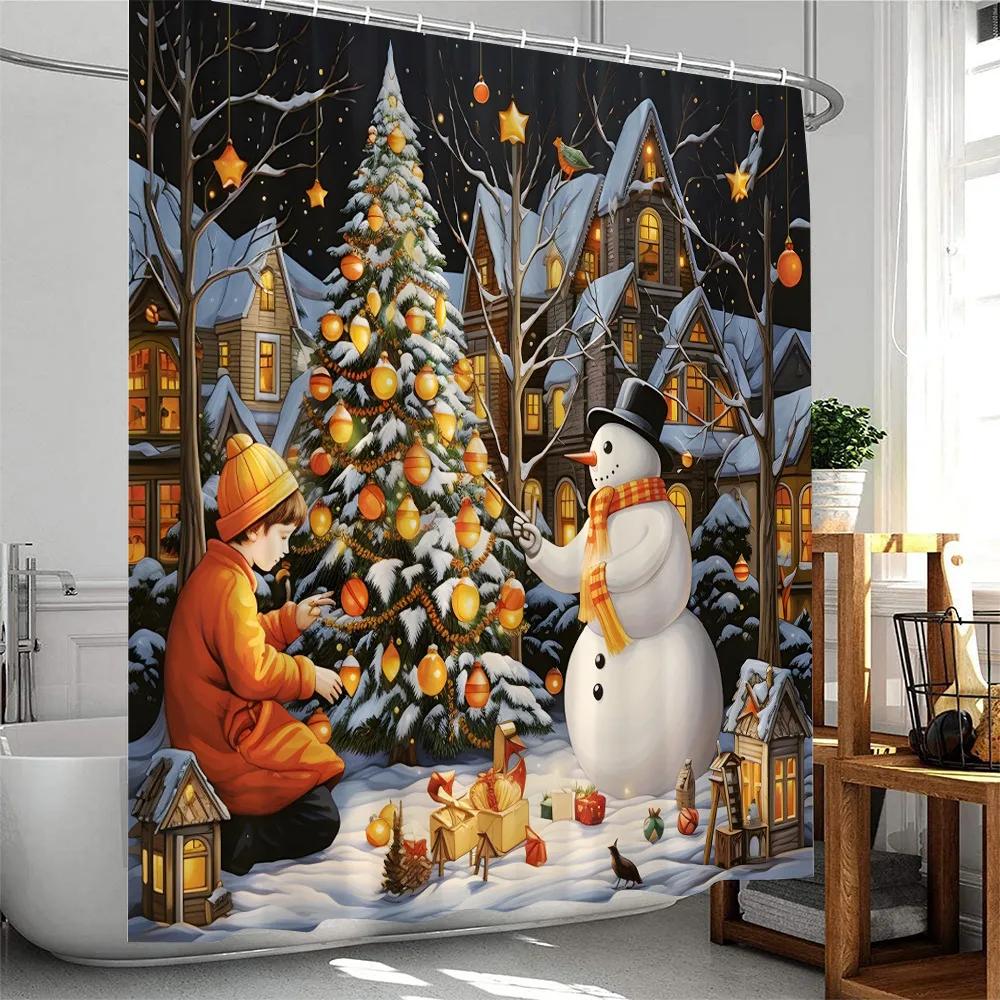 

Christmas Snowman Shower Curtain Winter Holiday Snow Forest Landscape Pine Tree Xmas Gifts Bathroom Decor Polyester W60H190(CM)-1 Pcs
