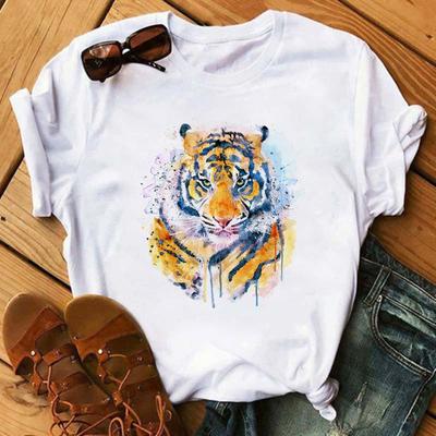 Women Summer T Shirt Trend Tiger Print Retro Fashion Short Sleeve Tees Casual   Printed  Tops