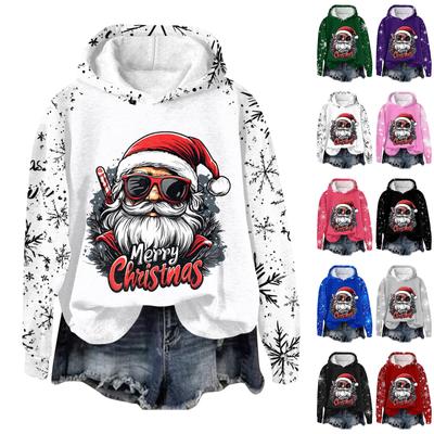 Women's Fashion Casual Pullover Plug Sleeve Christmas Printed Hooded Sweatshirt