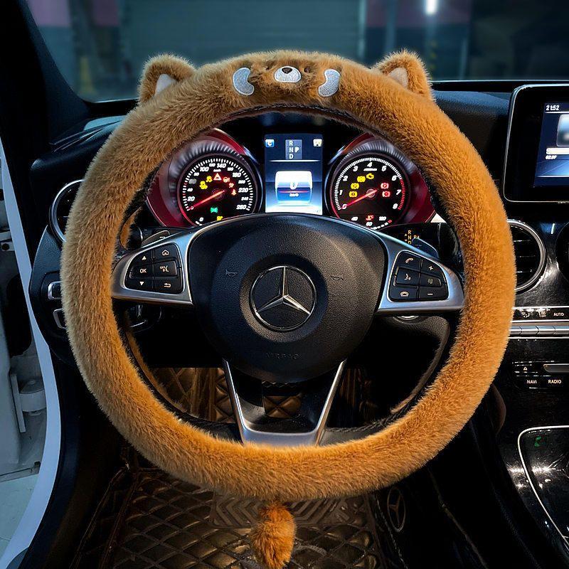 

New Car Steering Wheel Cover Winter Plush Cute Bear Protective Cover Women Winter Warm Non-Slip Heated Car Lazy Mink Handlebar Cover [Little Raccoon Round]