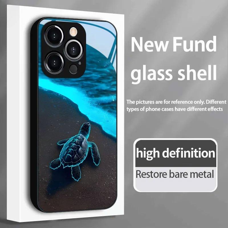 Fluorescent Turtle Tempered Glass Phone Case Suitable for iPhone 17 16 15 14 13 12 11 Pro/Max/Plus Anti Drop and Shockproof