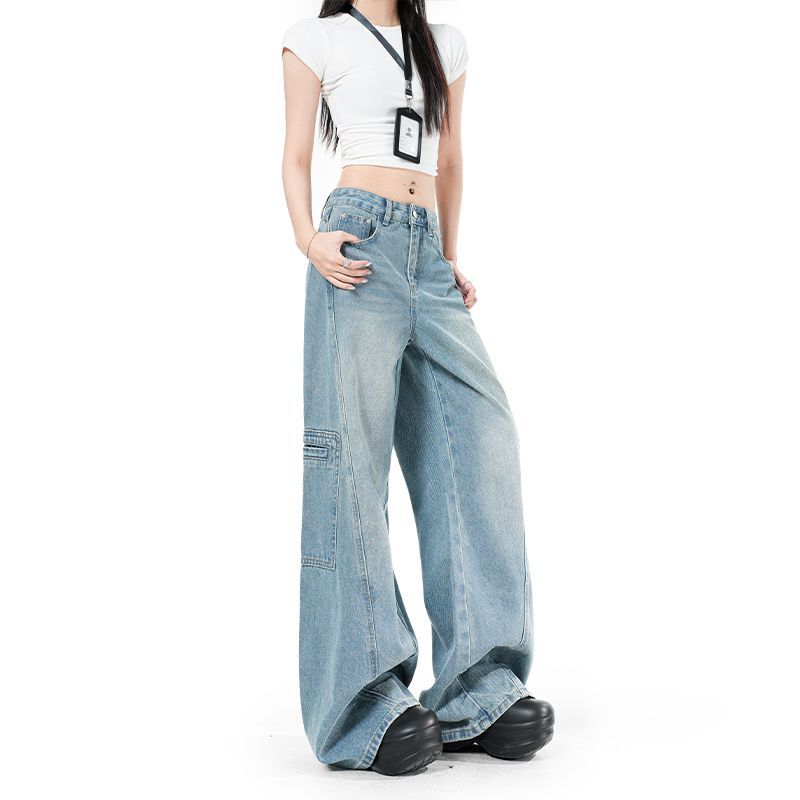 Spring Summer Multi Pocket Cargo Relaxed Wide Leg Trendy Denim Pants Ladies Casual Pants Oversize Denim Trousers