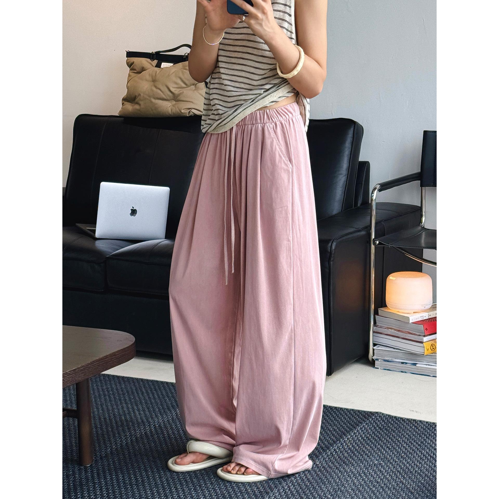 

Johnature Korean Elastic Waist Drawstring Pants Women Summer Simple Home Soft Drape Solid Color Loose Pants L розовый