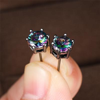 Punk Male Female Rainbow Crystal Stud Earrings Black Gold  Color Wedding Jewelry For Women Men Charm Round Zircon Earring