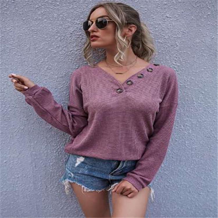 QICED Women's Waffle Solid Color Spring Autumn Lantern Sleeve V-neck Button Loose Casual T-shirt