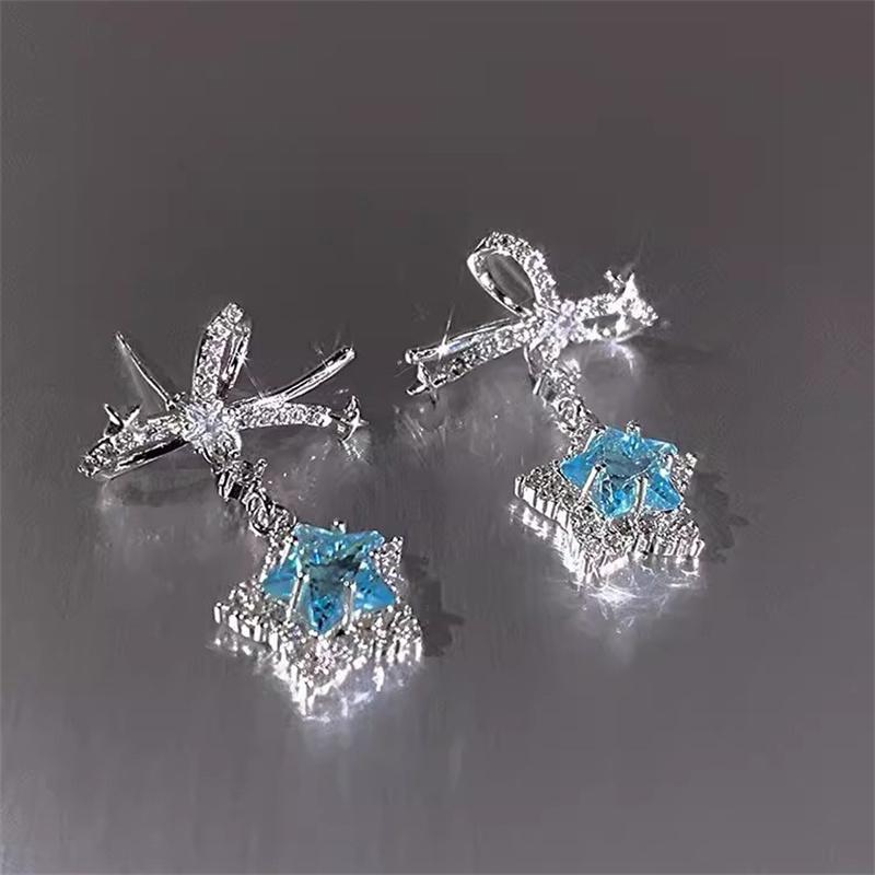 Y2K Shiny Zircon Star Bow Earrings For Women Fashion Exquisite Elegant Pentagram Ear Studs Sweet Girls Jewelry Accessories Gift