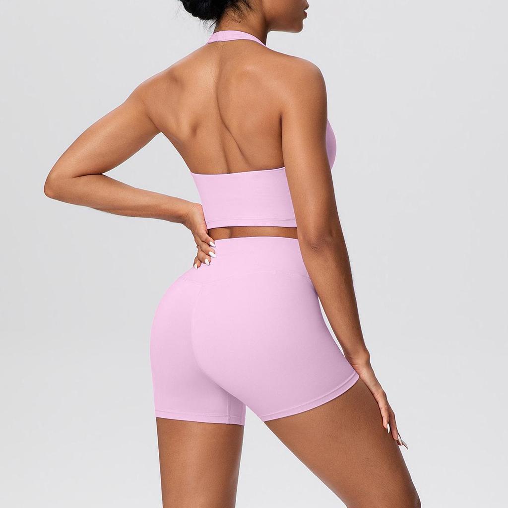 European & American Halter Sports Bra and High Waist Yoga Shorts Set for Women