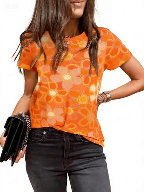 Crew Neck Short Sleeve Retro Colorful Floral Print T Shirt Women's Outfits Casual Daily Wear Lady Loose T-shirts Summer  New Tee