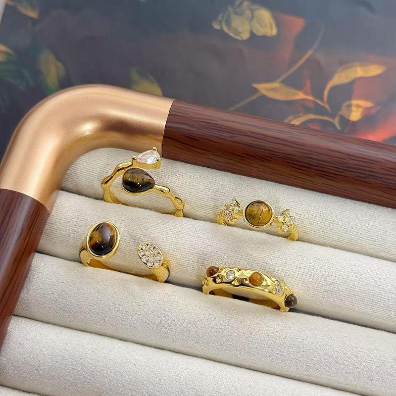 Maillard Imitation Tiger'S Eye Stone Inlaid Zir*****Pen Ring, Female Irregular Temperament Simple Retro Personality Stacked Ring