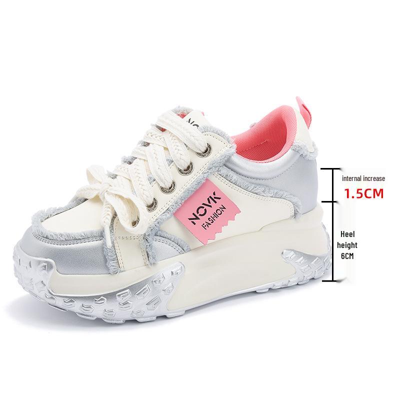 2025 Women's Colorblock Genuine Leather Casual Shoes with Thick Sole and Height Increase
