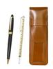 Slim Cowhide Leather Pencil Case In Brown with Slide Measuring Stick and Neo Ballpoint Pen Set In Black D-600 (ASC-708W-600B-B)