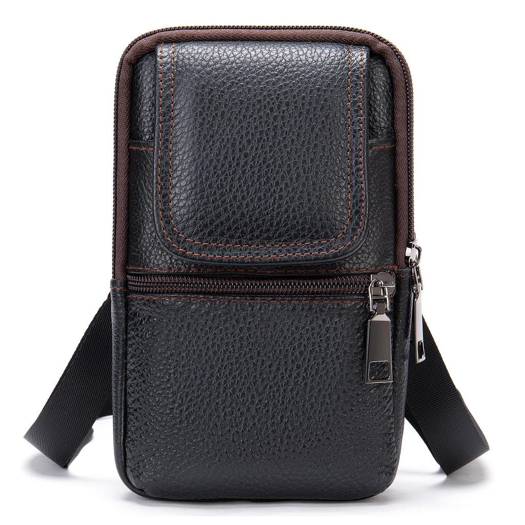 "Men's Outdoor Genuine Leather Waist Bag and Shoulder Bag for Mobile Phones"