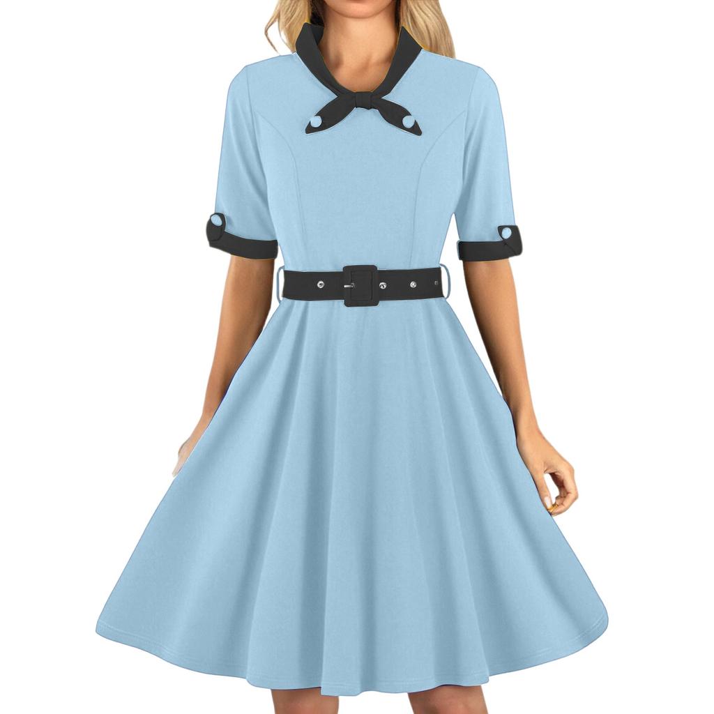 Women's V-neck Slim-fitting Short-sleeved Retro Dress With Big Swing Skirt