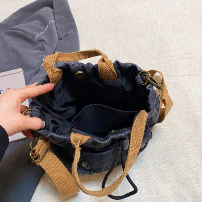 New Korean Style Crossbody Bags Fashiable and Versatile Denim Bucket Bag with Drawstring Casual and Simple Shoulder Bag