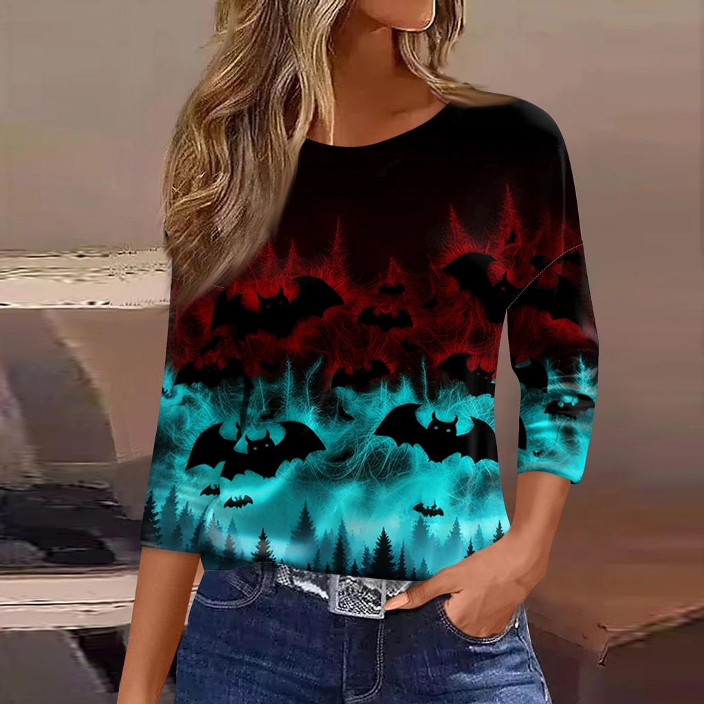 Women's Casual 3/4 Sleeve Halloween Print Round Neck Blouse for Party and Daily Wear