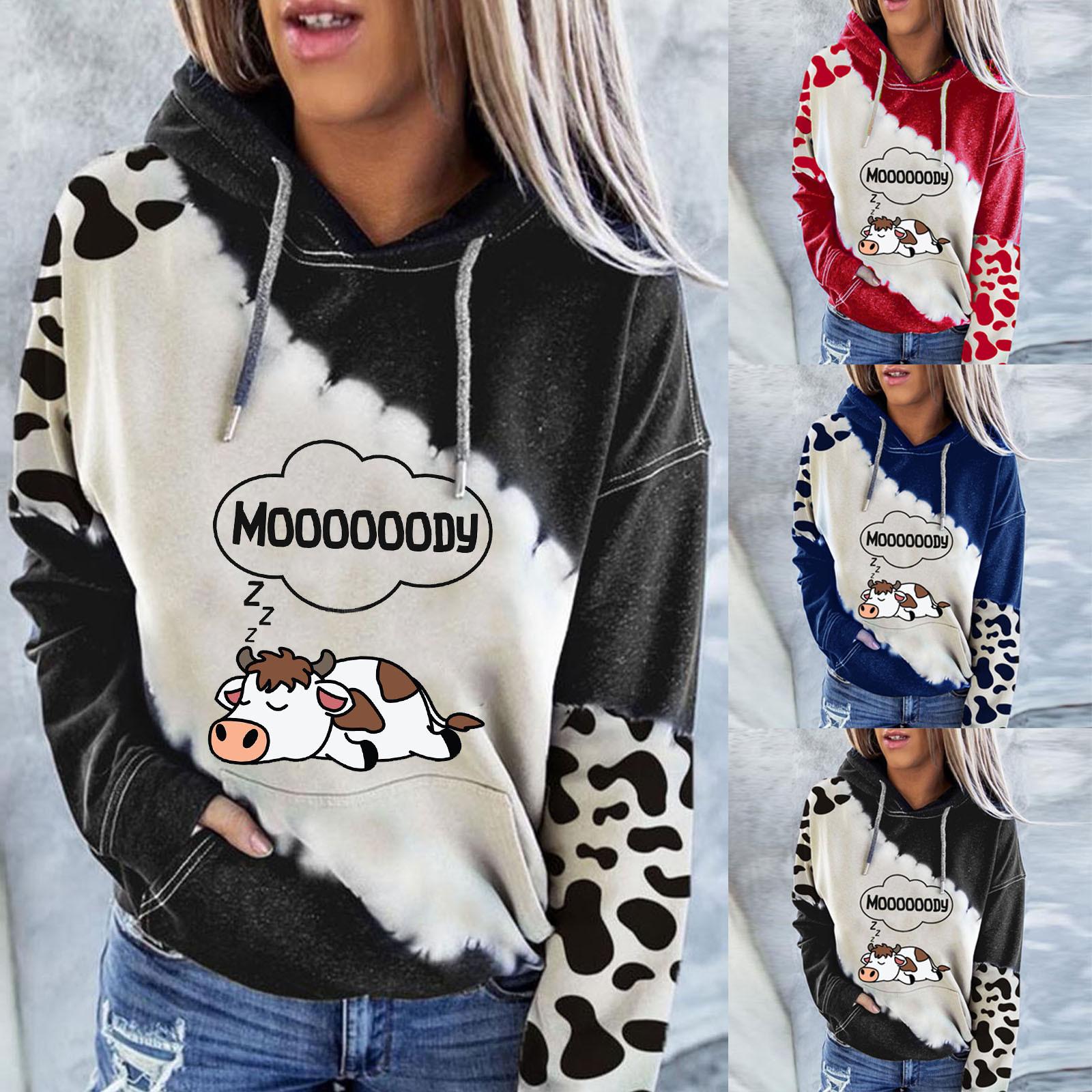 

Модная женская толстовка с длинным рукавом и цветными блоками с коровьим принтом и карманами, топ с капюшоном