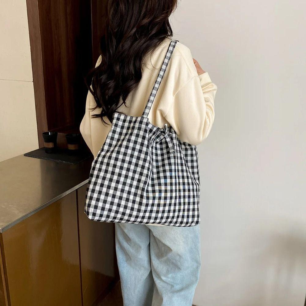 Check Lattice Tote Bag Grid Canvas Bag Portable Red Plaid Shoulder Bag  Streetwear