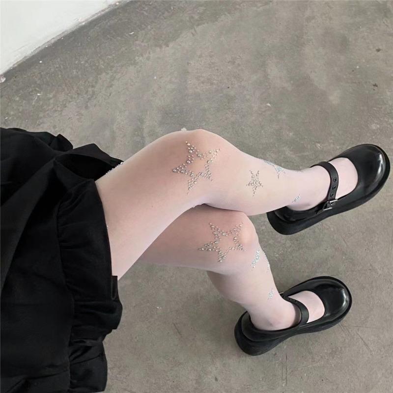 2025 Fashion Star Rhinestone Fishnet Tights Women Sexy Sheer Pantyhose Thigh High Stockings Office Ladies See-through Leggings