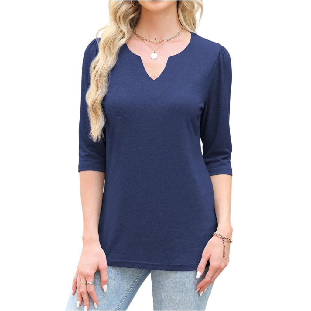 Women's Fashion 7-inch Sleeve Pullover Solid Color Top