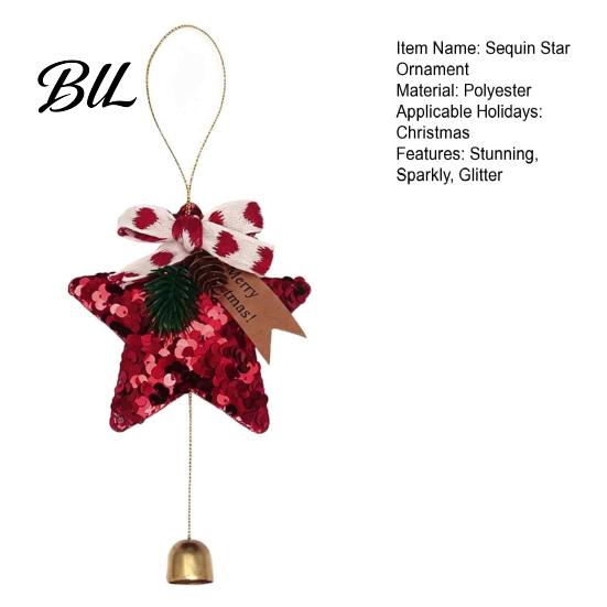 Decorative Star for Home Glitter Bell Ornaments, Sequin Hanging Decoration with Bow Pine Decor Bows Cone, Sparkly Christmas Tree Pendant Holiday Party
