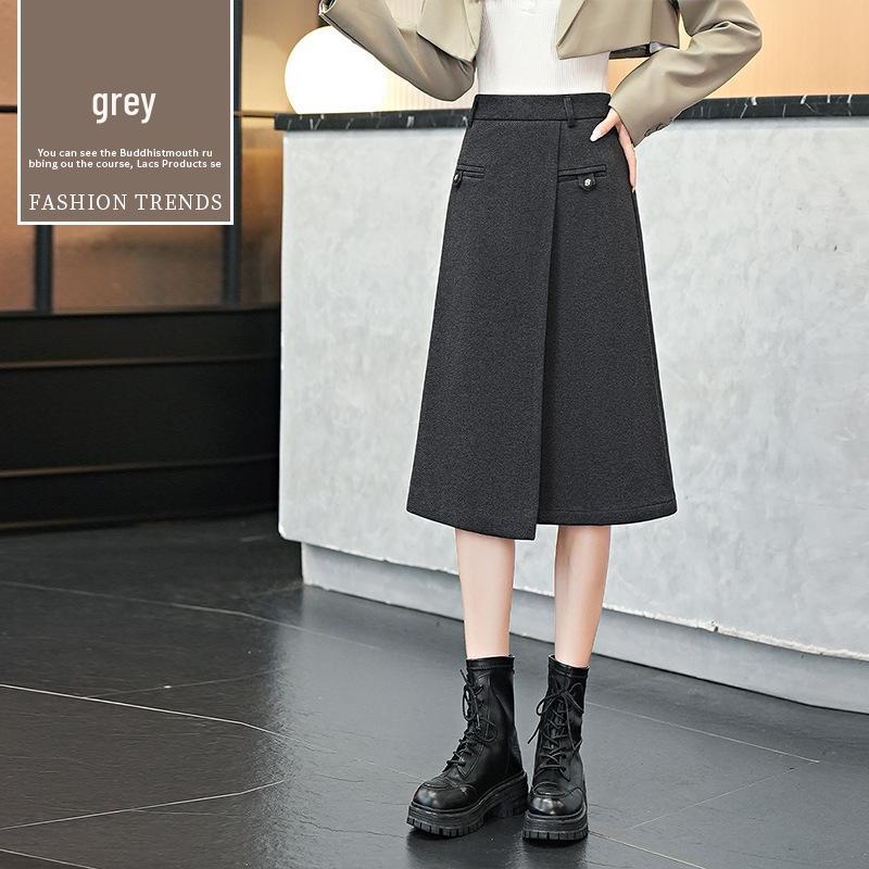 Women s Stylish High-Waisted Mid-Length Irregular Woolen A-Line Skirt for Autumn/Winter 2025 S серый