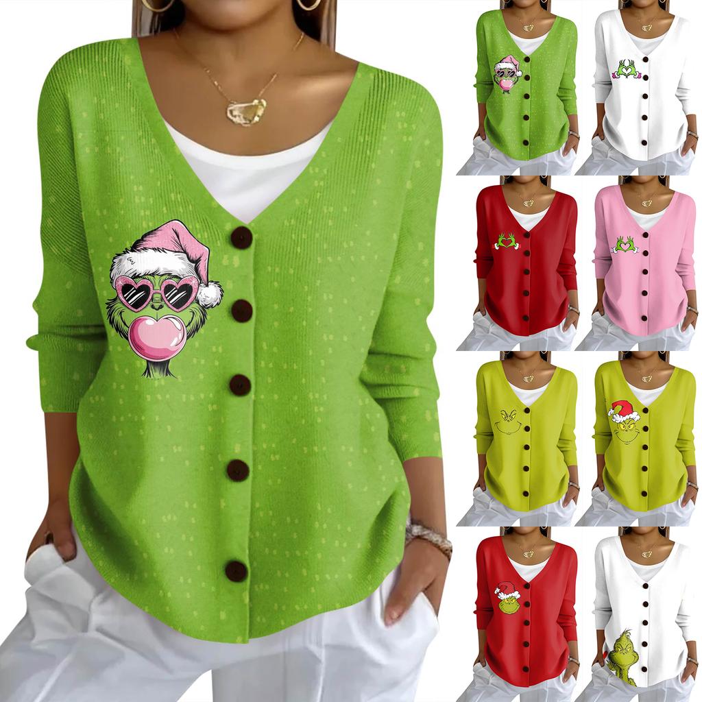 Women's Fashion Casual Knit Sweater Button-Up Christmas Print Cardigan Jacket