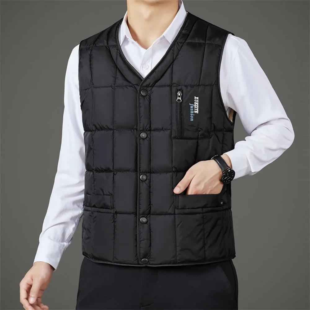 Winter Men's Vest Casual Padded Plush Single-breasted Sleeveless Winter Jacket Fashion V-neck Warm Fishing Vest Clothing