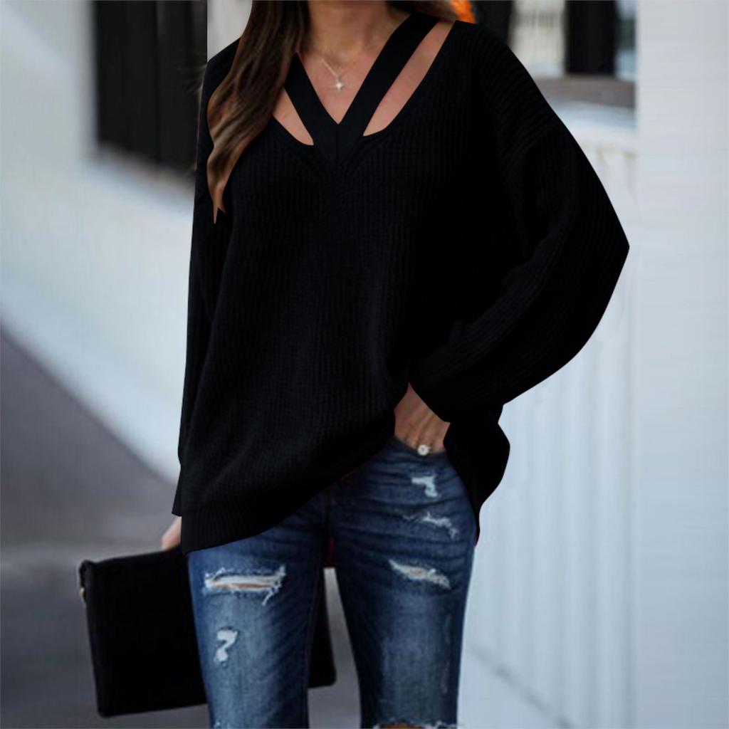 Suéter informal de color sólido con personalidad y manga larga con escote en V holgado a la moda para mujer