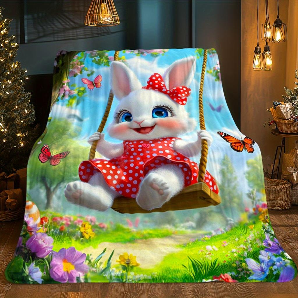 Adorable Bunny on Swing Blanket Spring Garden Scene Cute Animal Print Flannel Throw Blanket for Kids Girls BedroomDecorationGift