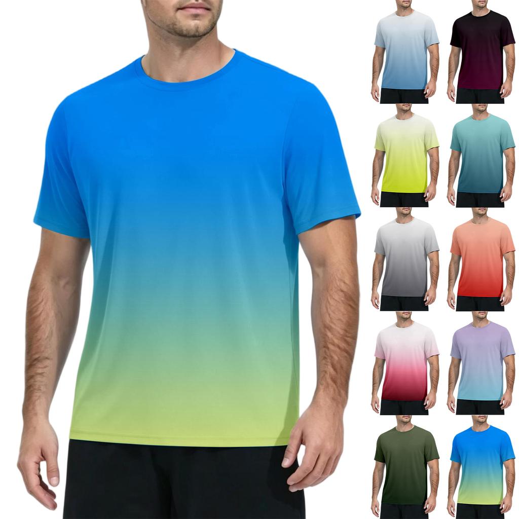 Herren Kurzarm T-Shirt Schnelltrocknend Farbverlauf Print Sportlich Rundhalsausschnitt Leichtes Sonnensport Oberteil für Outdoor Fitness Laufen Wandern Training