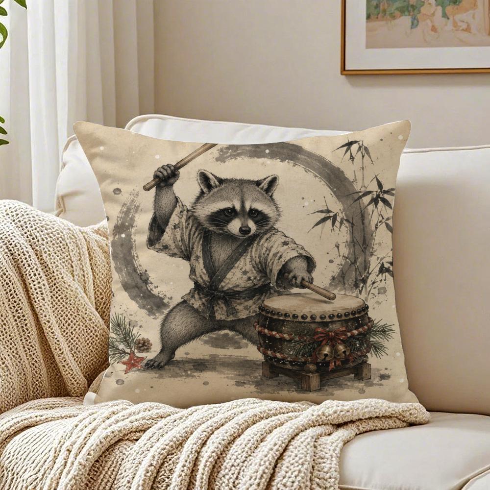 Japanese Raccoon Ramen Cushion Cover Breathable Short Plush Pillow Case Machine Washable Wrinkle-Resistant Soft Durable
