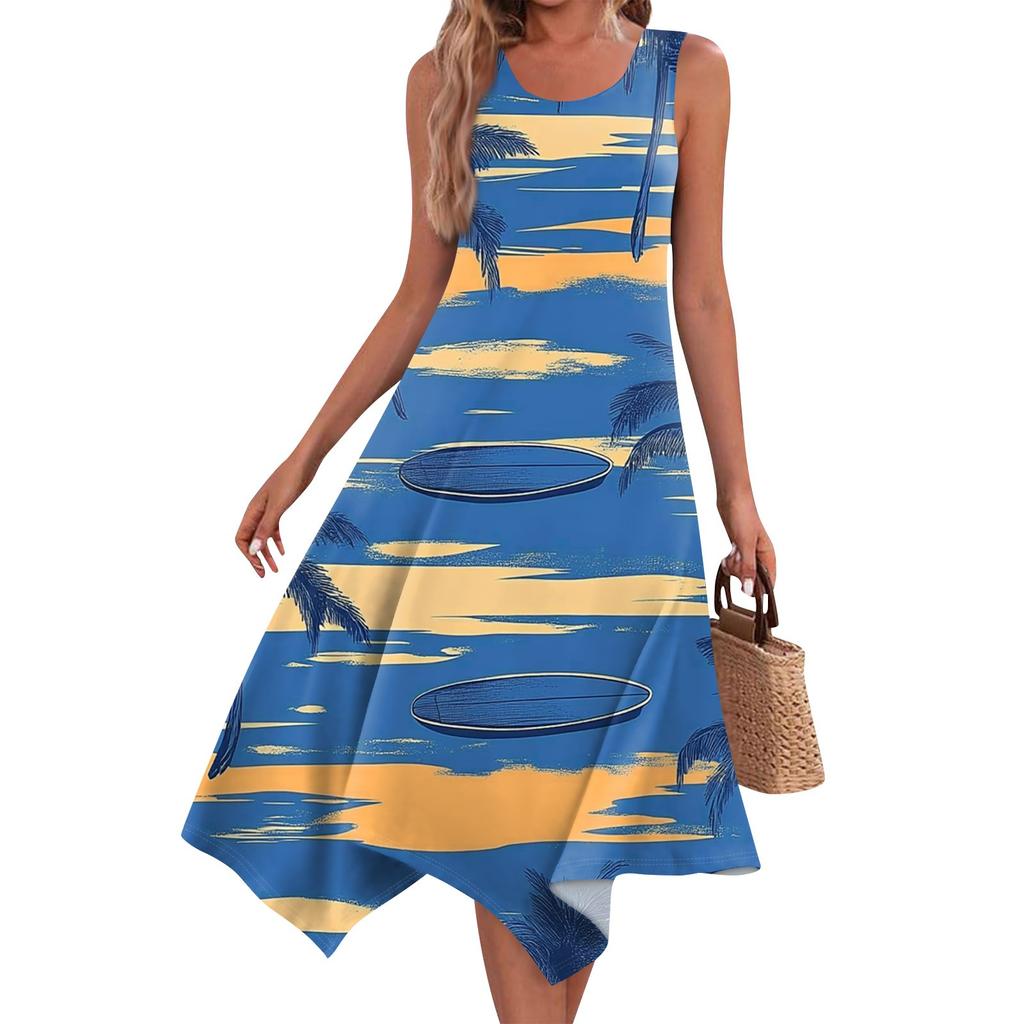 Abito midi da donna casual alla moda, con scollo rotondo, senza maniche, stampa floreale e orlo irregolare