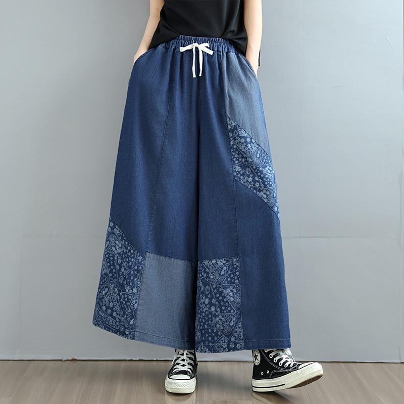 Artistic Print Plus Size High-Waist Wide-Leg Crop Jeans for Women L синий