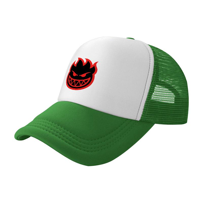 Flame Demon Logo Mesh Baseball Cap Breathable Trucker Hat White Black Design Sporty Style Outdoor Wear Adjustable Fit