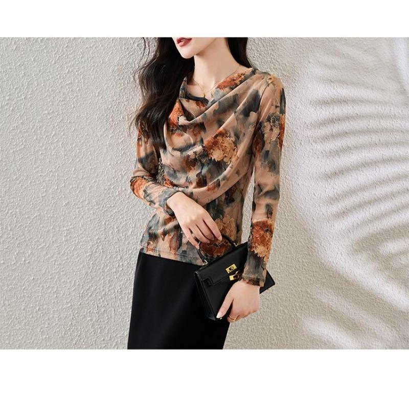 Frühherbst Neue Netz-Langarm-Oberteile Frühling und Herbst Damen-T-Shirts Hochwertige Damenhemden im westlichen Stil