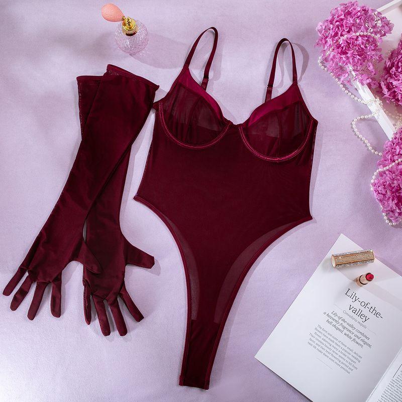

Sexy See-through Minimalist Basic Slim Fit Hip Raise Jumpsuit Burgundy S