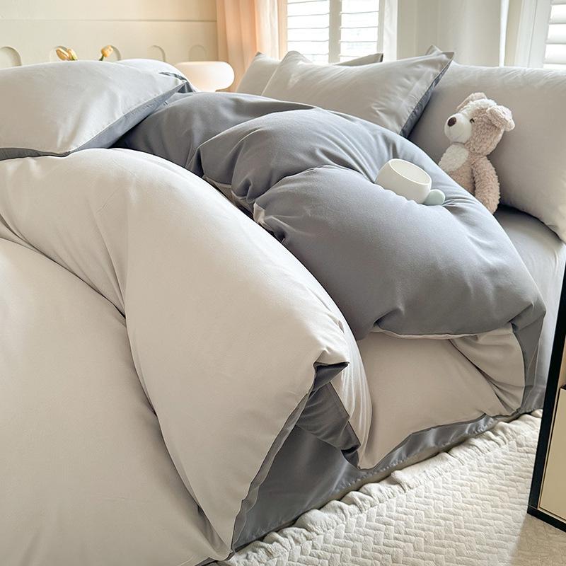 Solid Color Sanded Bedding Set: Four-Piece Set with Quilt Cover and Washed Spring Sheets.