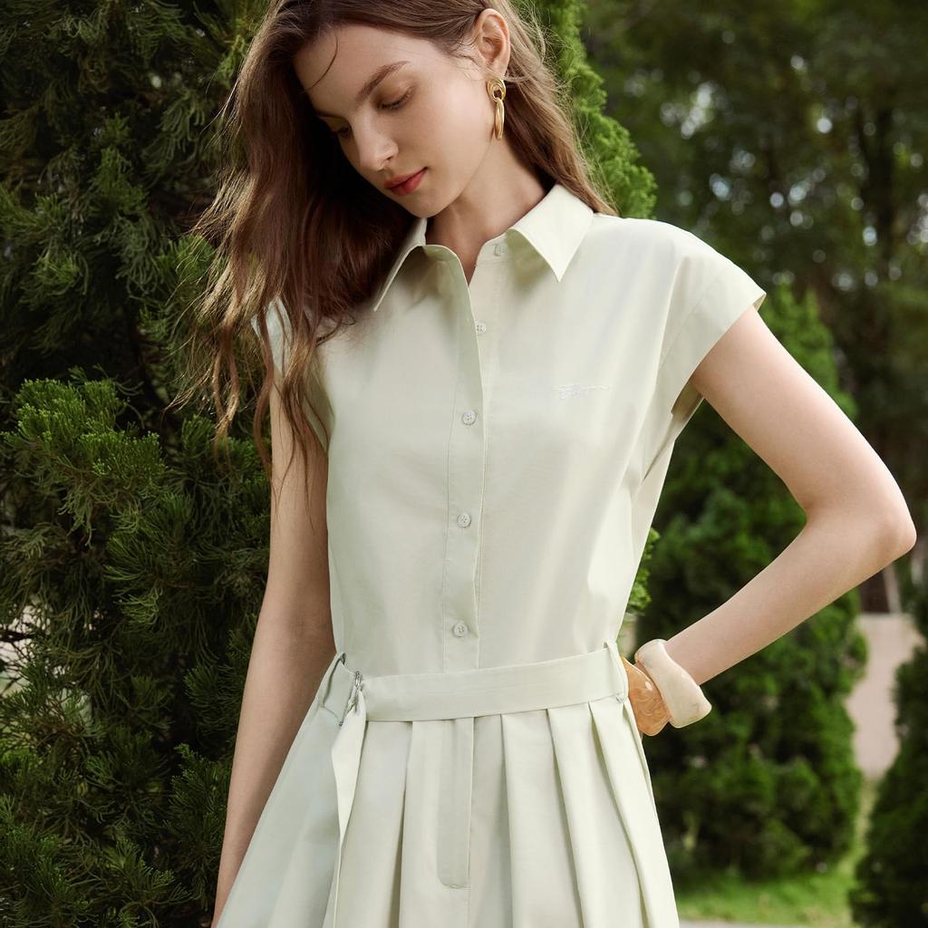 ELLE Shirt Dress with Matching Cotton Pale Office [ELLE] Women's Belt, Blend, Stretch, Green, Elegant, Commuting, Casual, Spring/Summer