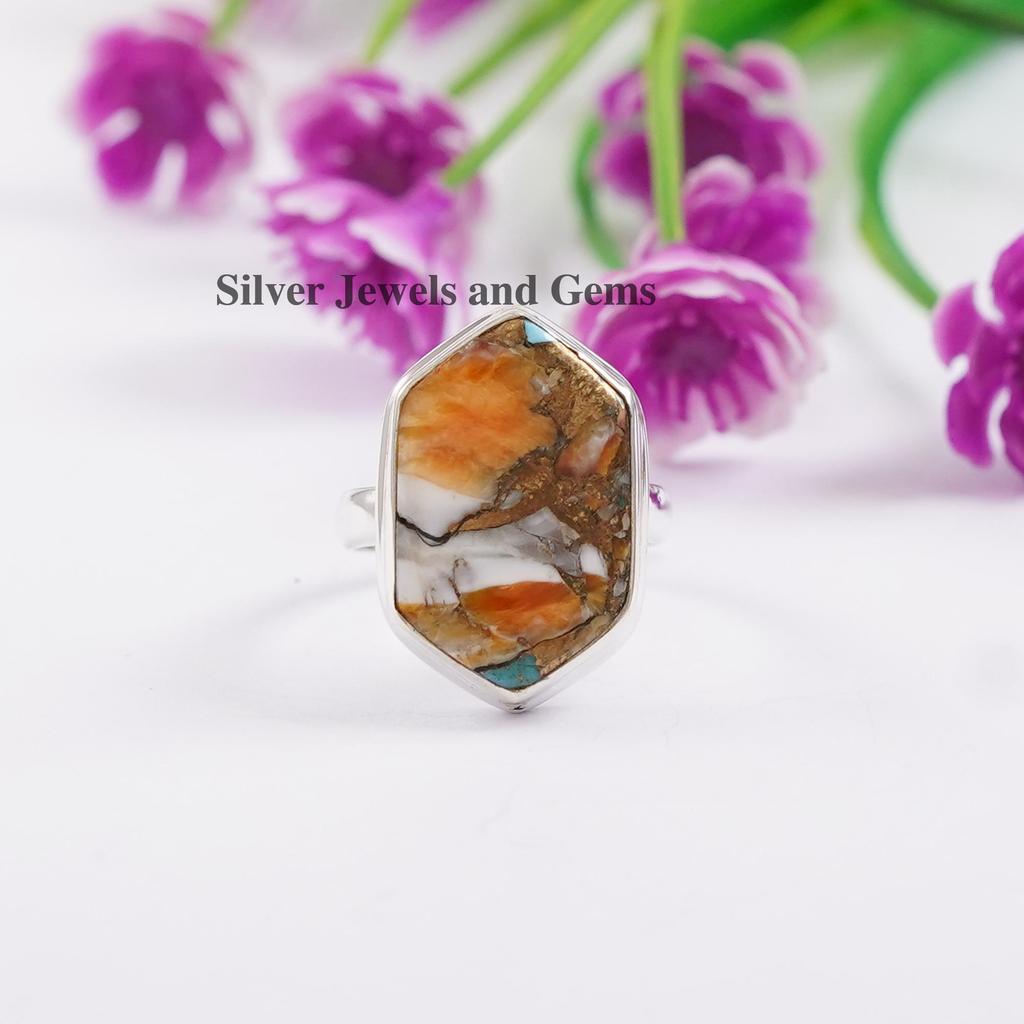 Oyster Copper Turquoise Ring: Sterling Silver Hexagon Ring, Orange Gemstone