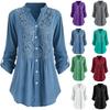 Women Ladies Large Size Button Lace V Neck Long Sleeve Shirt Blous