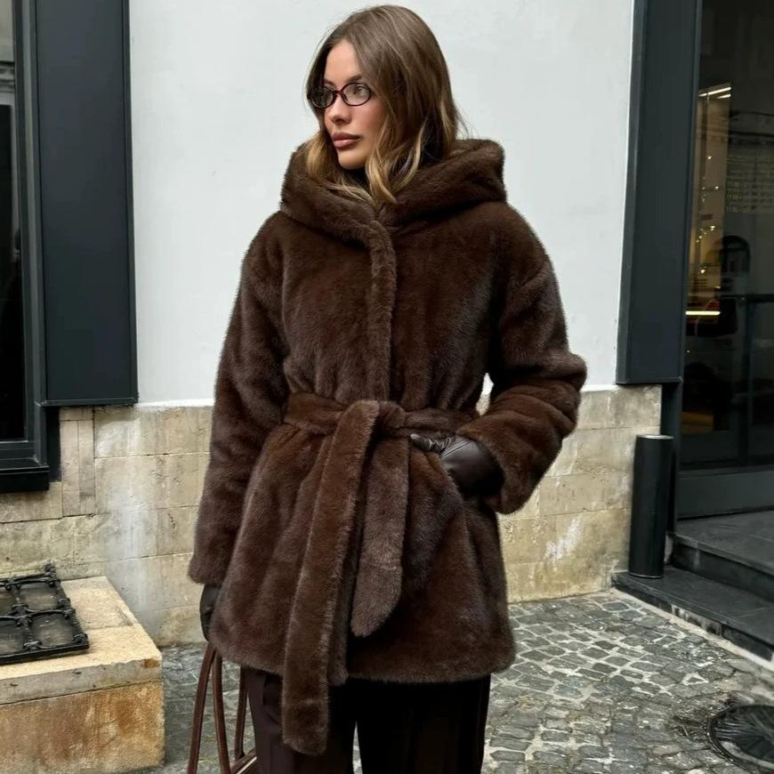 Winter imitation mink fur jacket medium and long hooded belt artificial fur environmentally friendly fur coat women